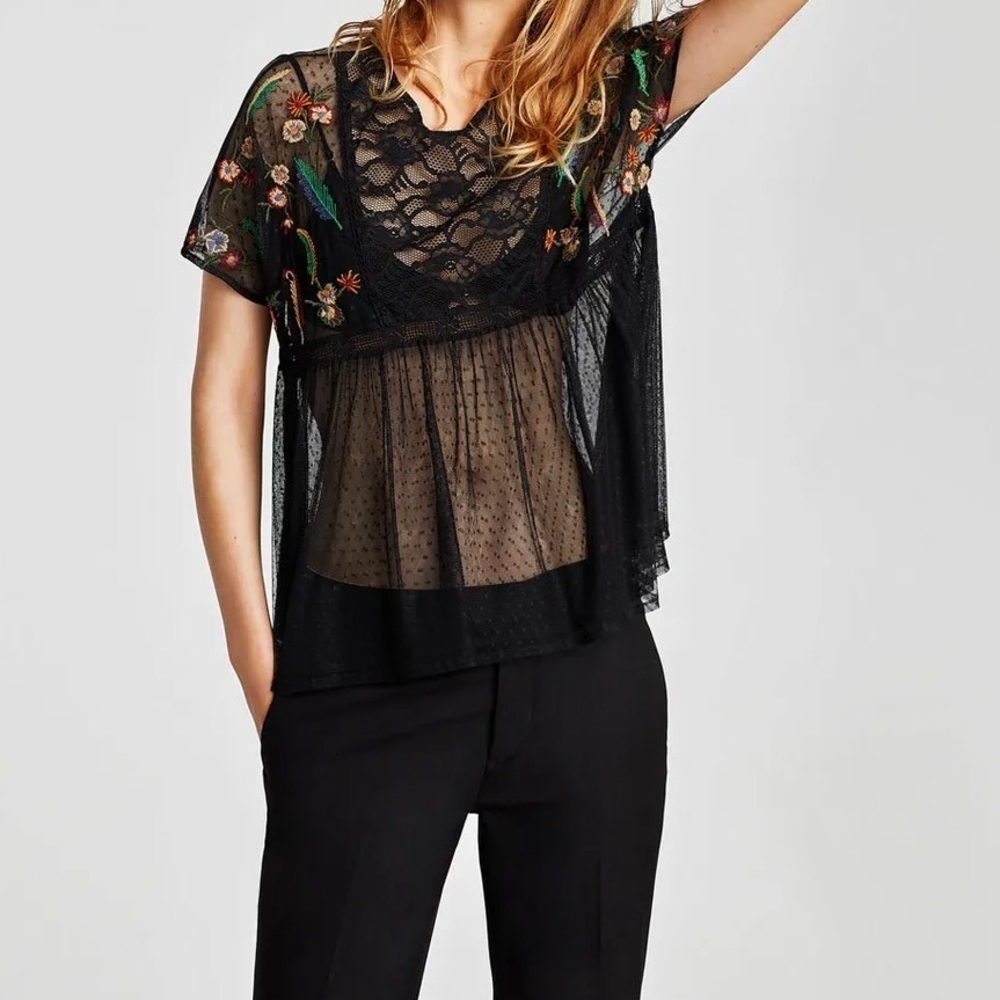 Zara Basic Collection Embroidered Floral Blouse Black Sheer XS - Picture 1 of 13